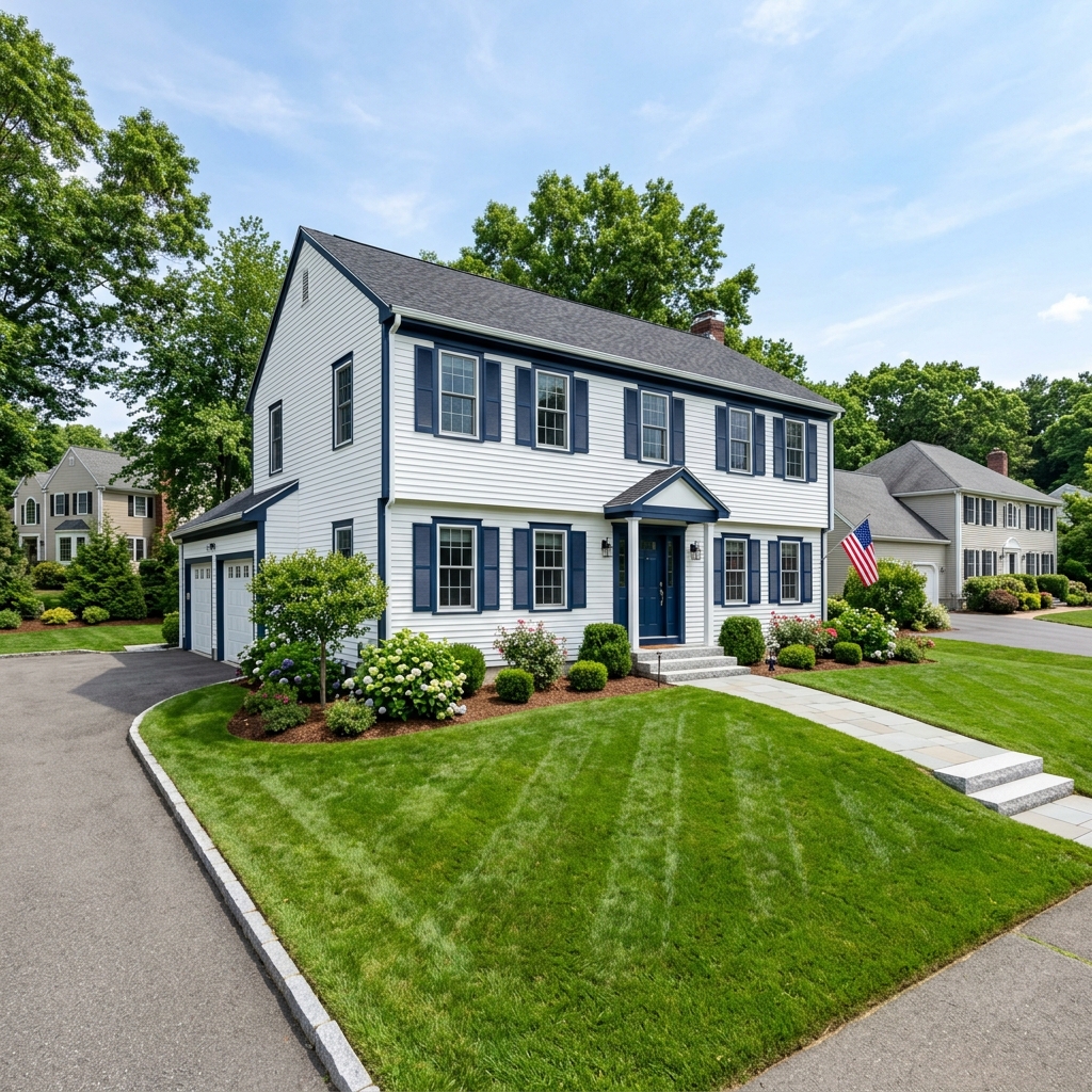 Exterior house painting with white and navy trim in Somerville, MA